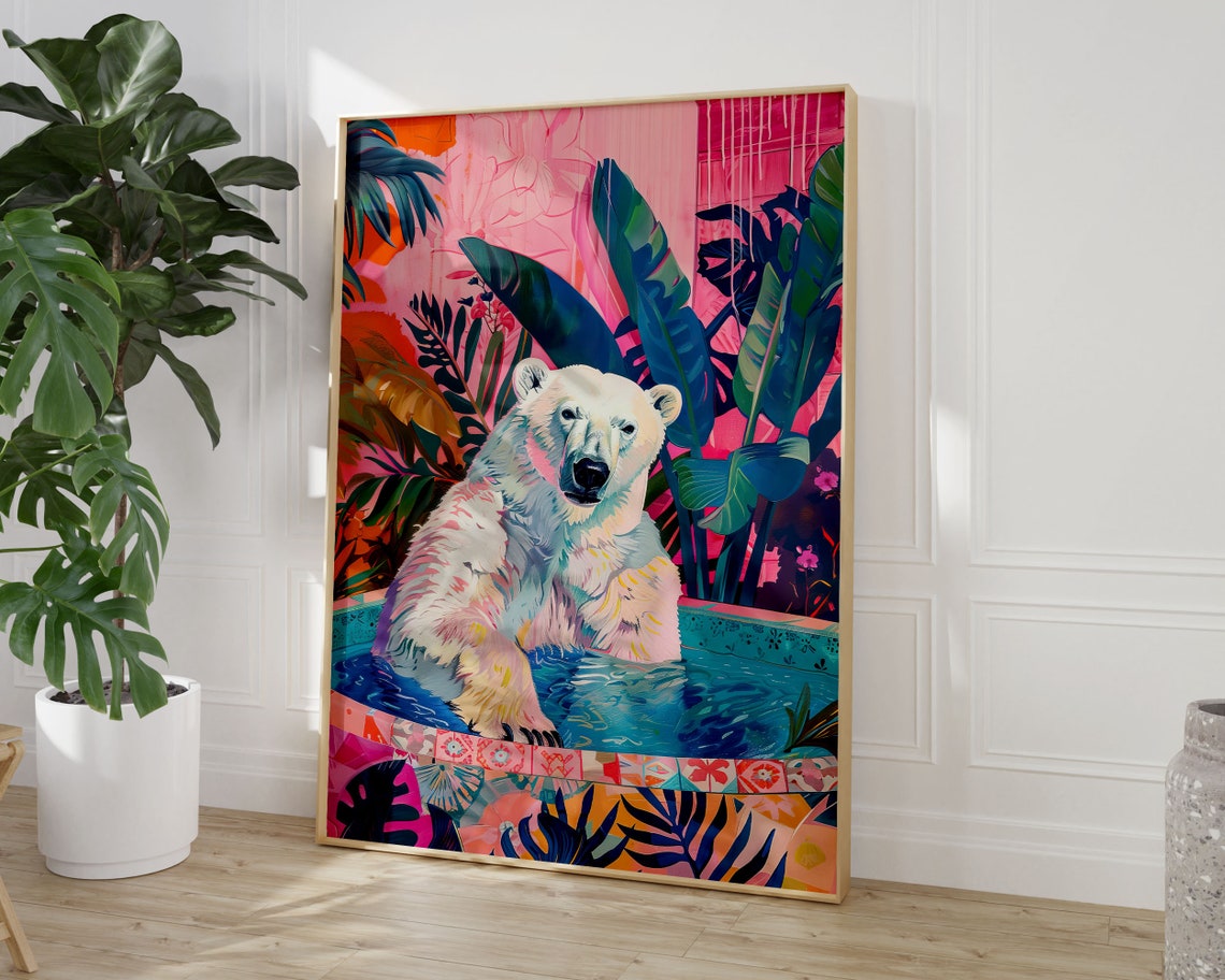 Polar Bear in Tropical Pool Bright Pink Jungle Pop Art Print - Image 3