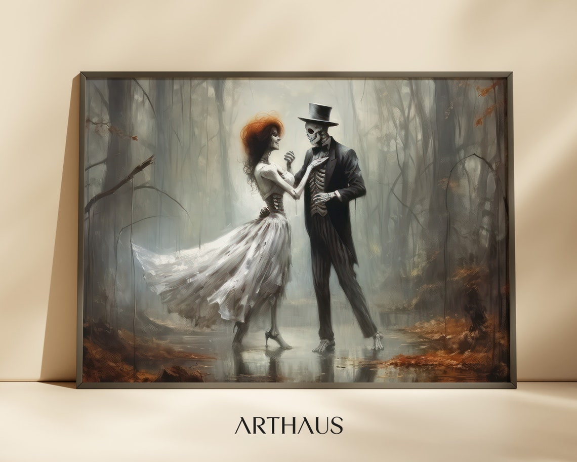 Gothic Skeleton Couple Dancing In A Misty Forest Painting Poster