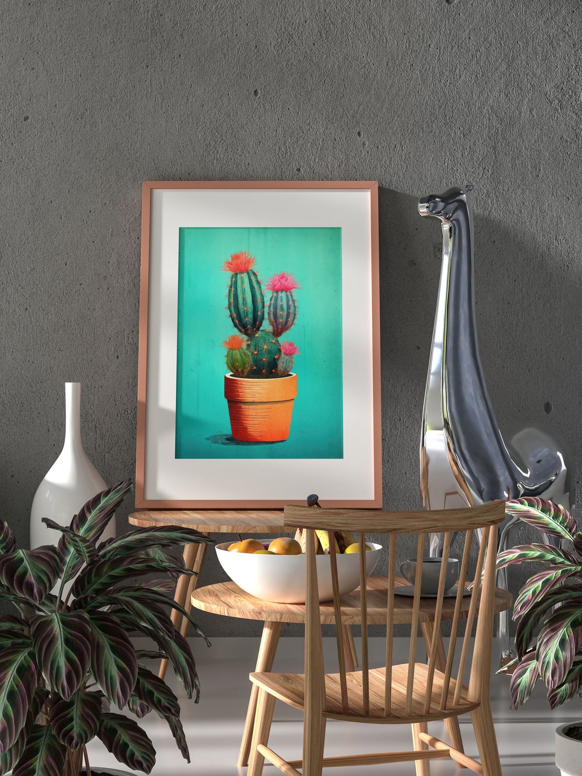 Blooming Potted Cactus Pink Flowers Turquoise Maximalist Art Print - Image 3