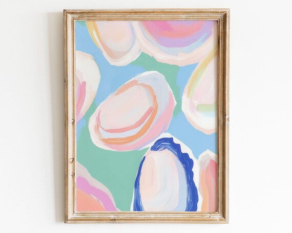 Pastel Seashells Abstract Coastal Blue Oyster Shell Beach Poster