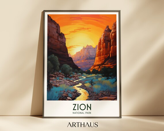 Zion National Park Red Rock Canyon Sunset River Desert Travel Poster