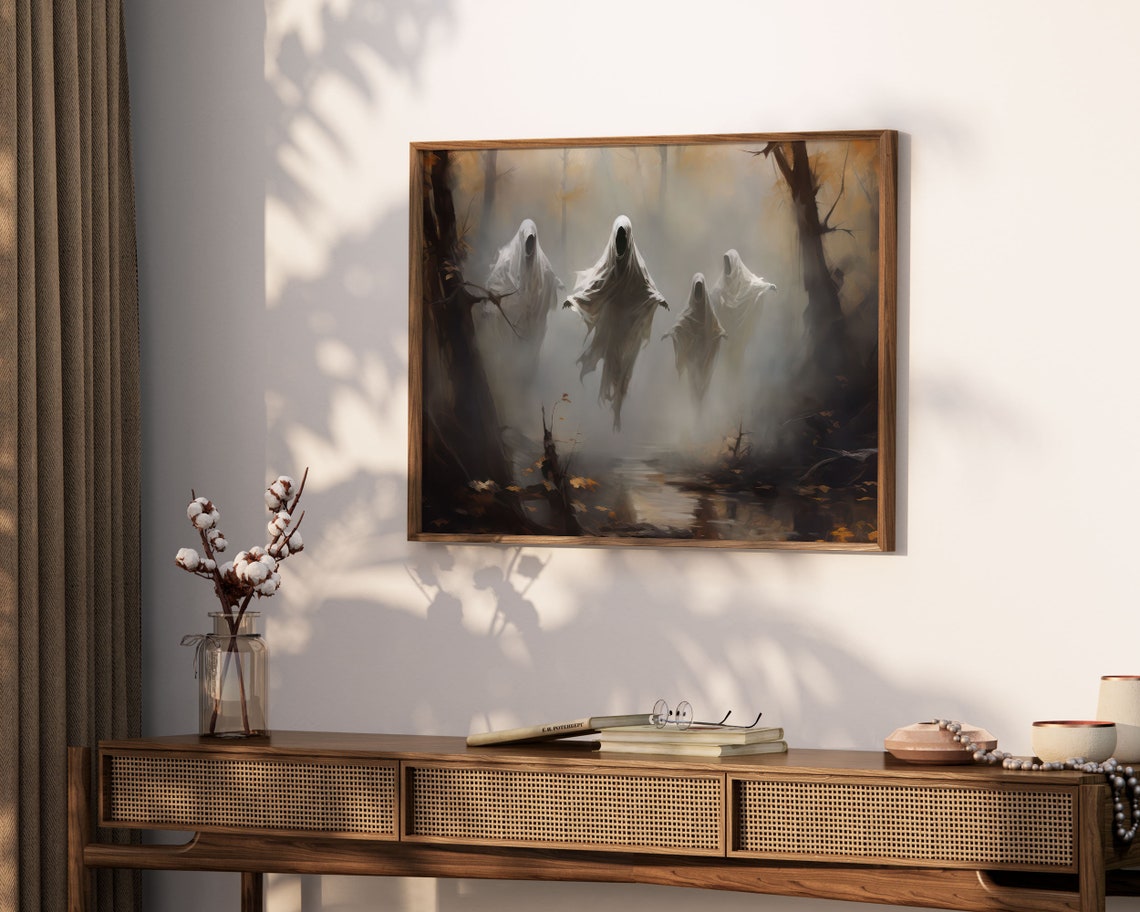 Spooky Ghosts in Foggy Autumn Forest Halloween Horror Wall Art - Image 3