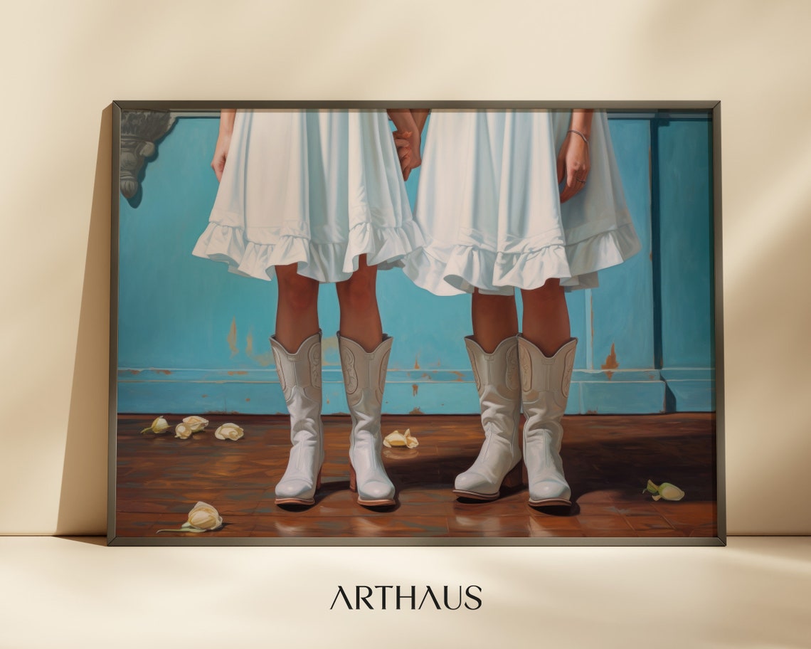 White Cowboy Boots And White Ruffle Dresses Western Art Print