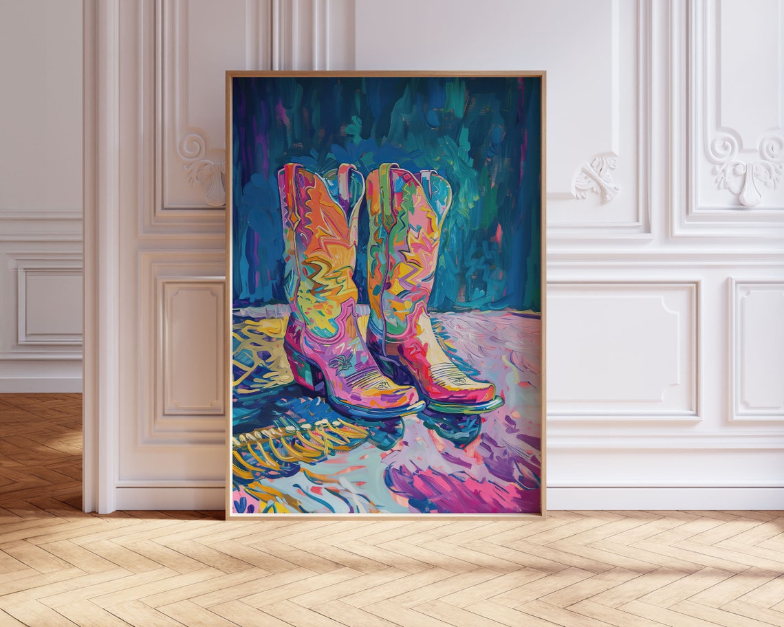 Vibrant Neon Cowboy Boots Bright Painterly Western Decor Poster - Image 3