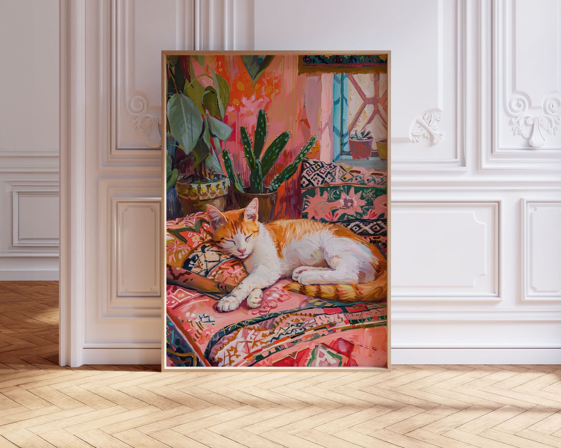 Sleeping Orange Tabby Cat on Colorful Boho Cushions Art Print
