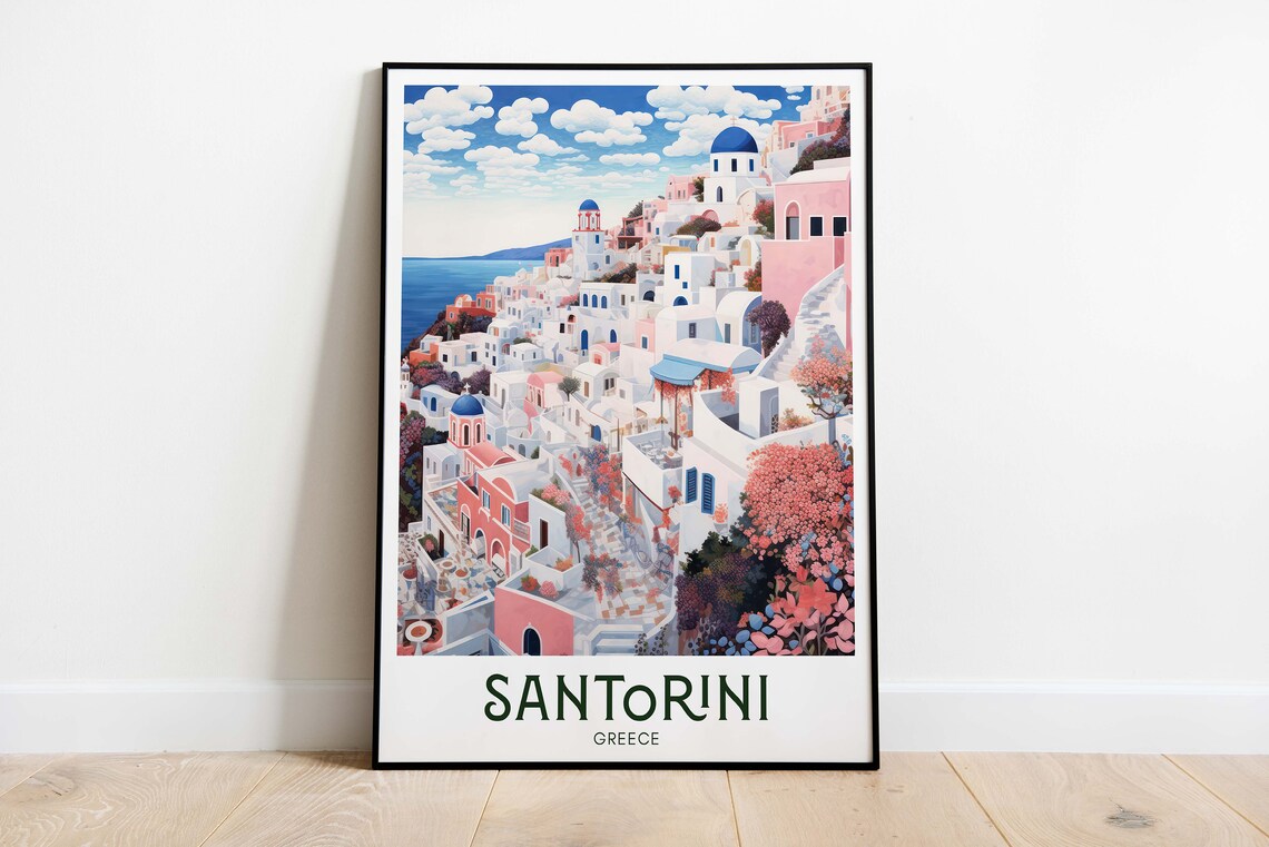 Santorini Greece Whitewashed Town Blue Domes Vintage Travel Poster