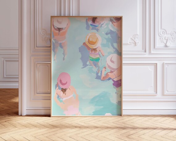 Pastel Swimmers In Sun Hats Poolside Summer Aesthetic Wall Art