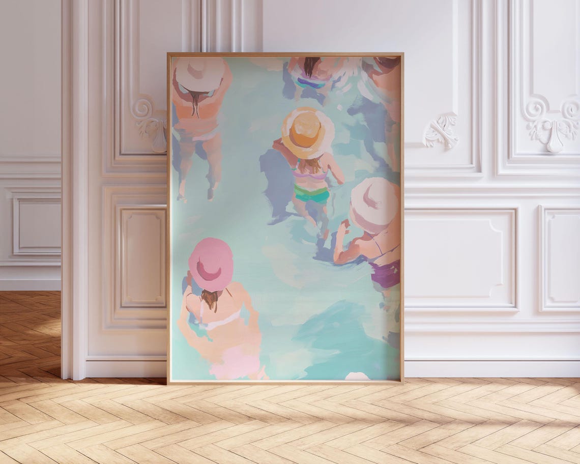 Pastel Swimmers In Sun Hats Poolside Summer Aesthetic Wall Art
