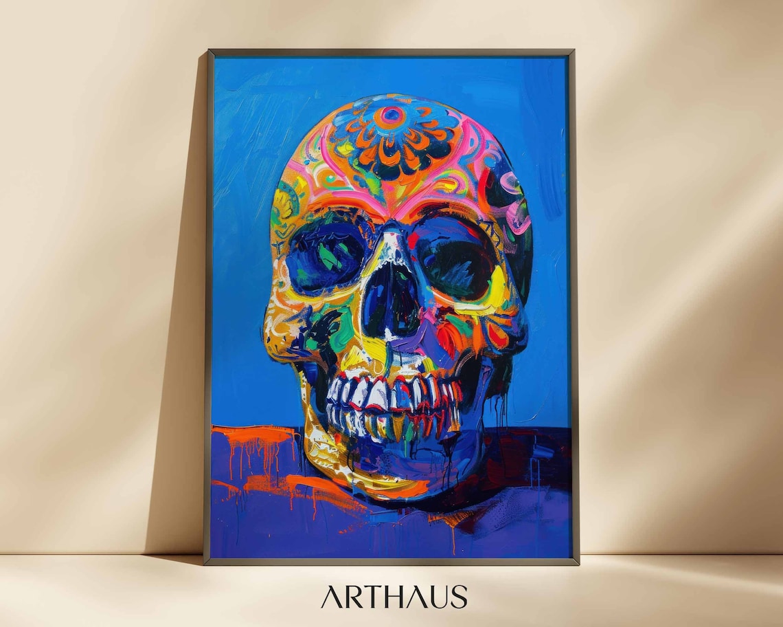 Colorful Sugar Skull Day of the Dead Folk Art Wall Decor Poster
