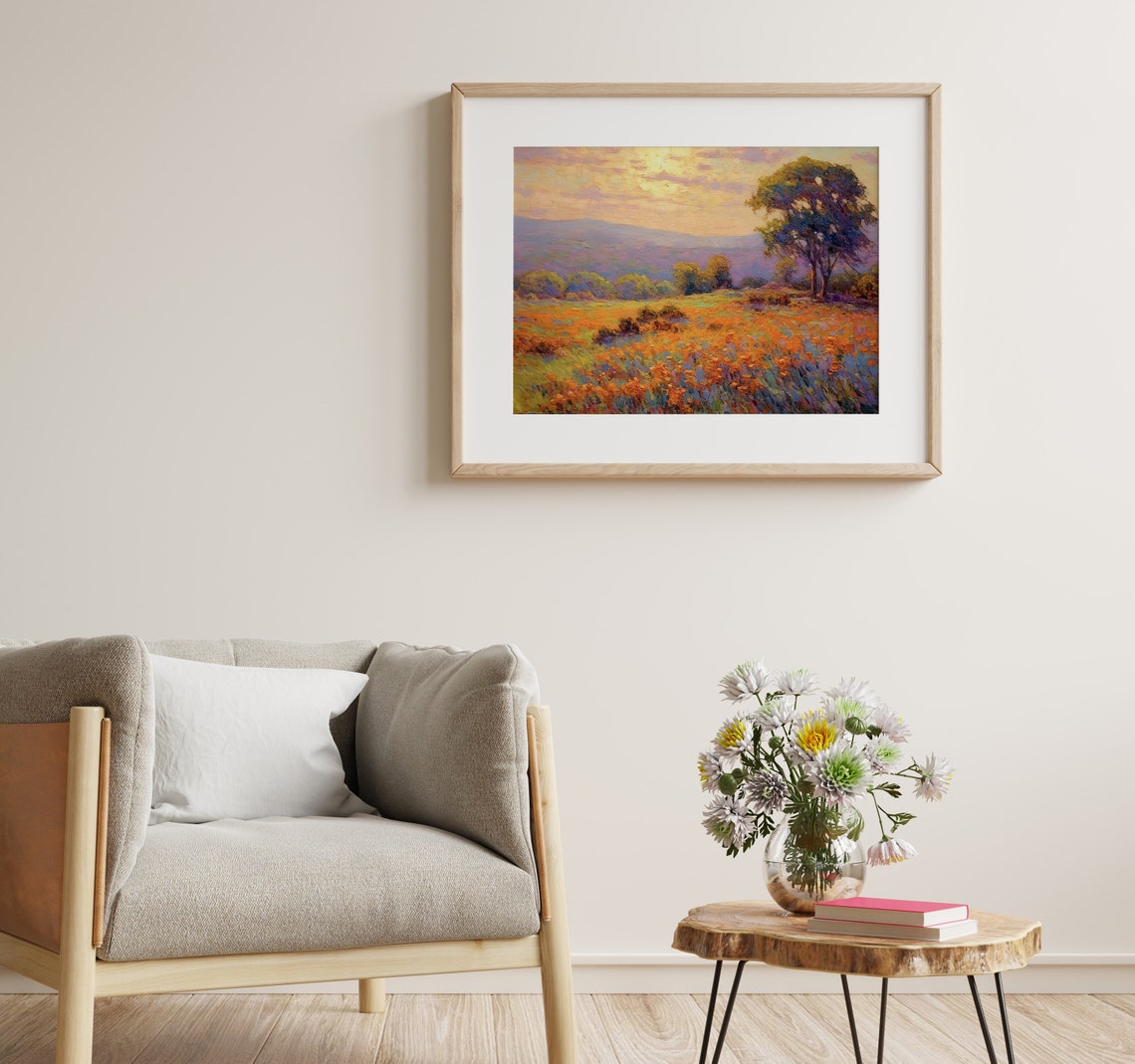 Vintage Landscape Oil Painting Farmhouse Decor Wall Art Wildflower Field Landscape Oil Painting - Image 3