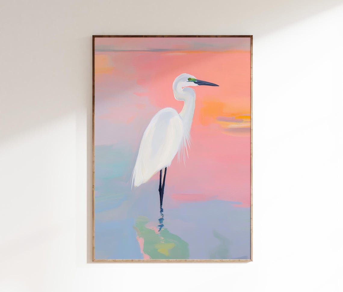 White Heron At Pink Sunset Pastel Coastal Bird Art Poster Design