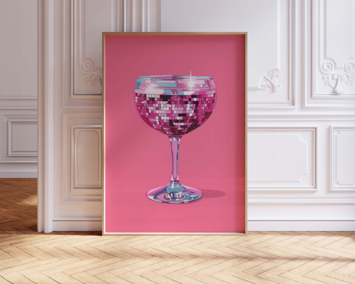 Pink Disco Ball Champagne Glass Maximalist Bar Cart Art Print - Image 3