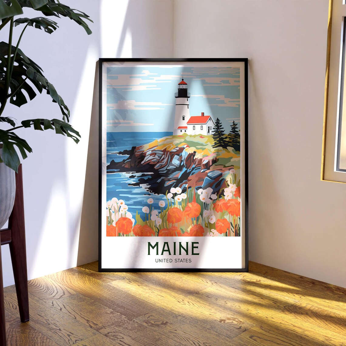 Maine Lighthouse Rocky Ocean Coast Poppies Vintage Travel Poster - Image 2