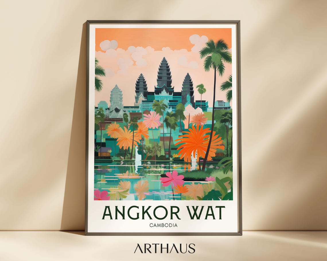 Angkor Wat Cambodia Temple Colorful Illustration Travel Poster