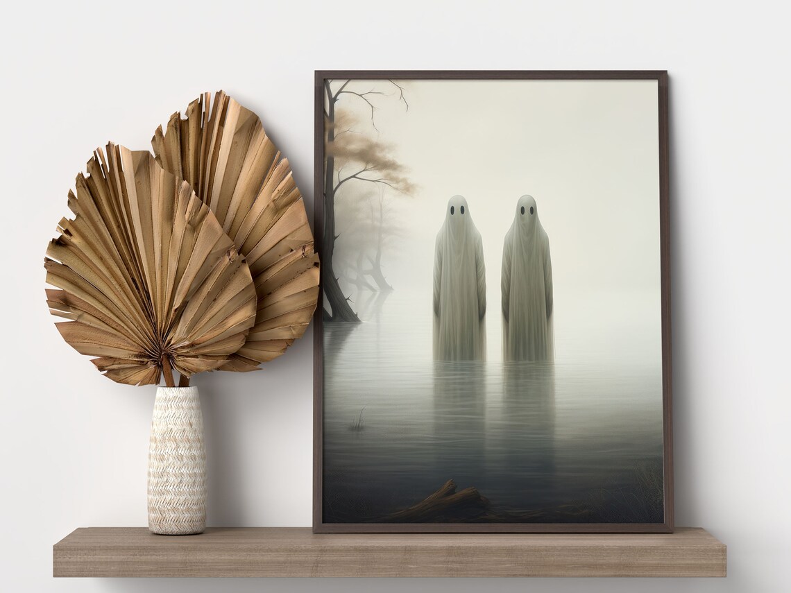 Two Pale Ghosts Standing In Quiet Misty Still Water Fog Poster - Image 3