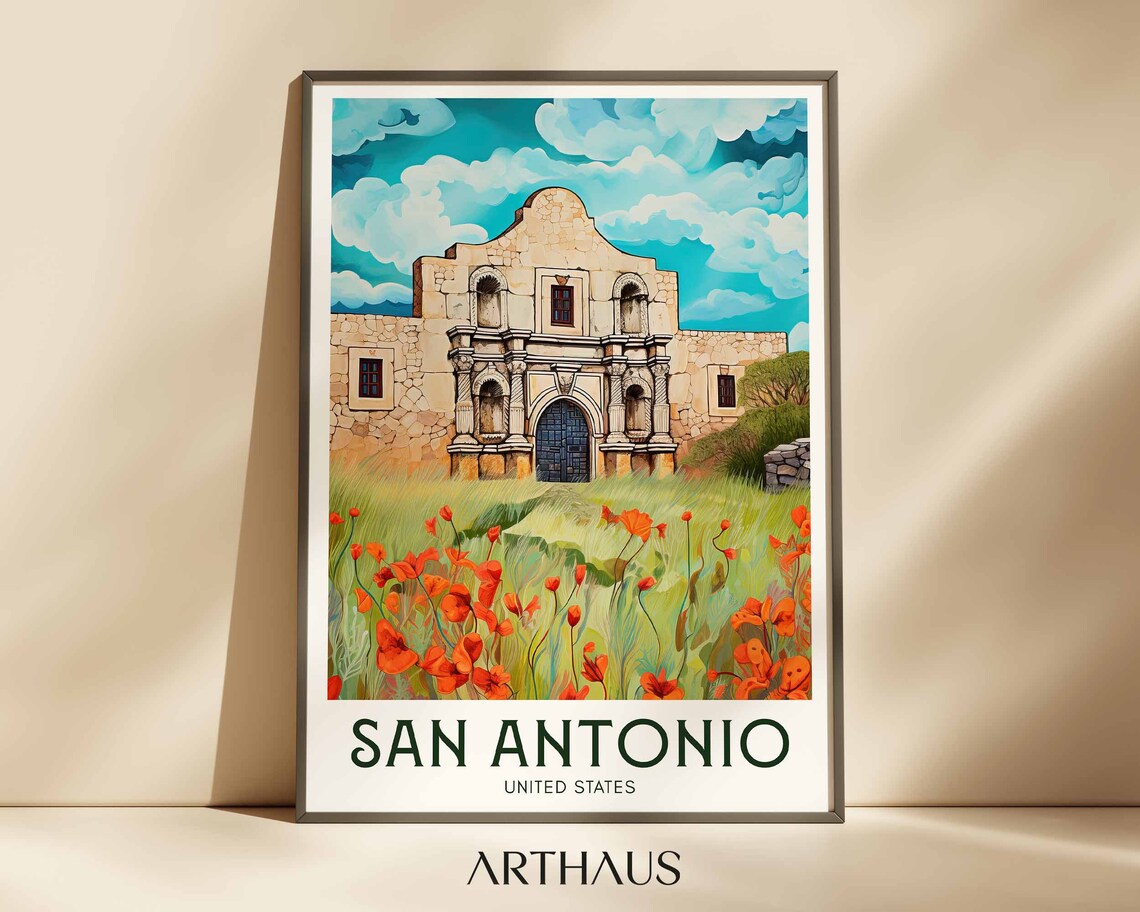 San Antonio Alamo Mission Wildflower Field Vintage Travel Poster