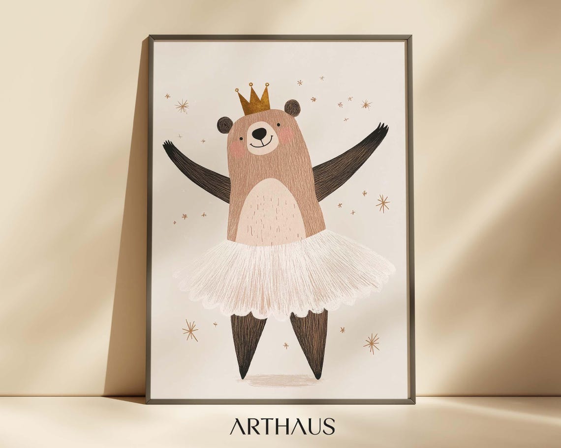 Ballerina Bear Wearing Tutu and Crown Nursery Dance Wall Art