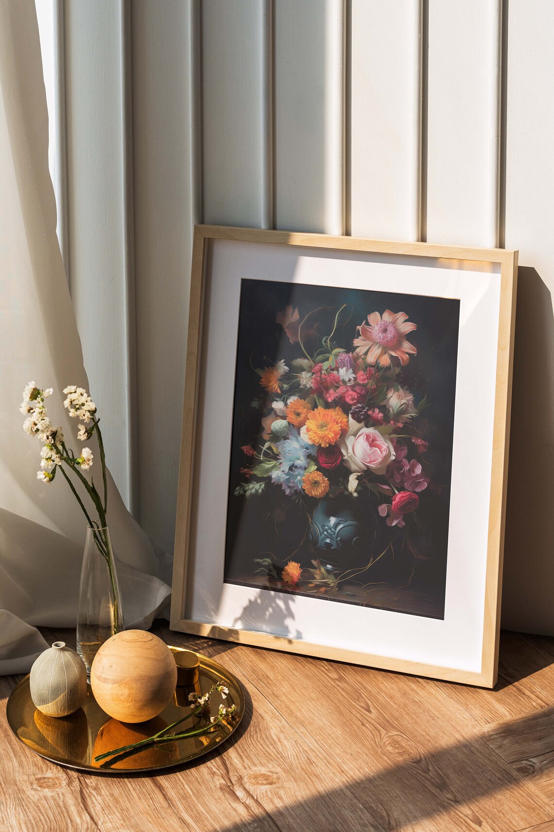 Dark Moody Bouquet Blue Vase Vintage Floral Oil Painting Poster - Image 3
