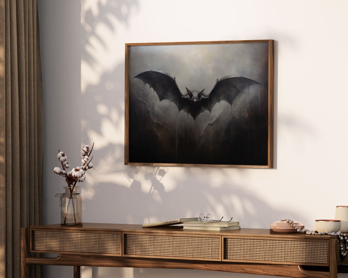 Black Bat Gliding in Dark Misty Forest Gothic Halloween Wall Art - Image 3