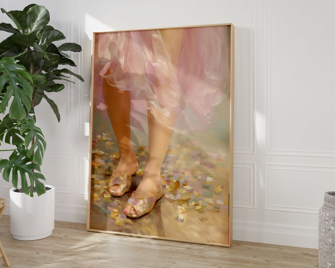 Ballerina Gold Sandals Pastel Petals Pink Tulle Dance Art Poster - Image 3