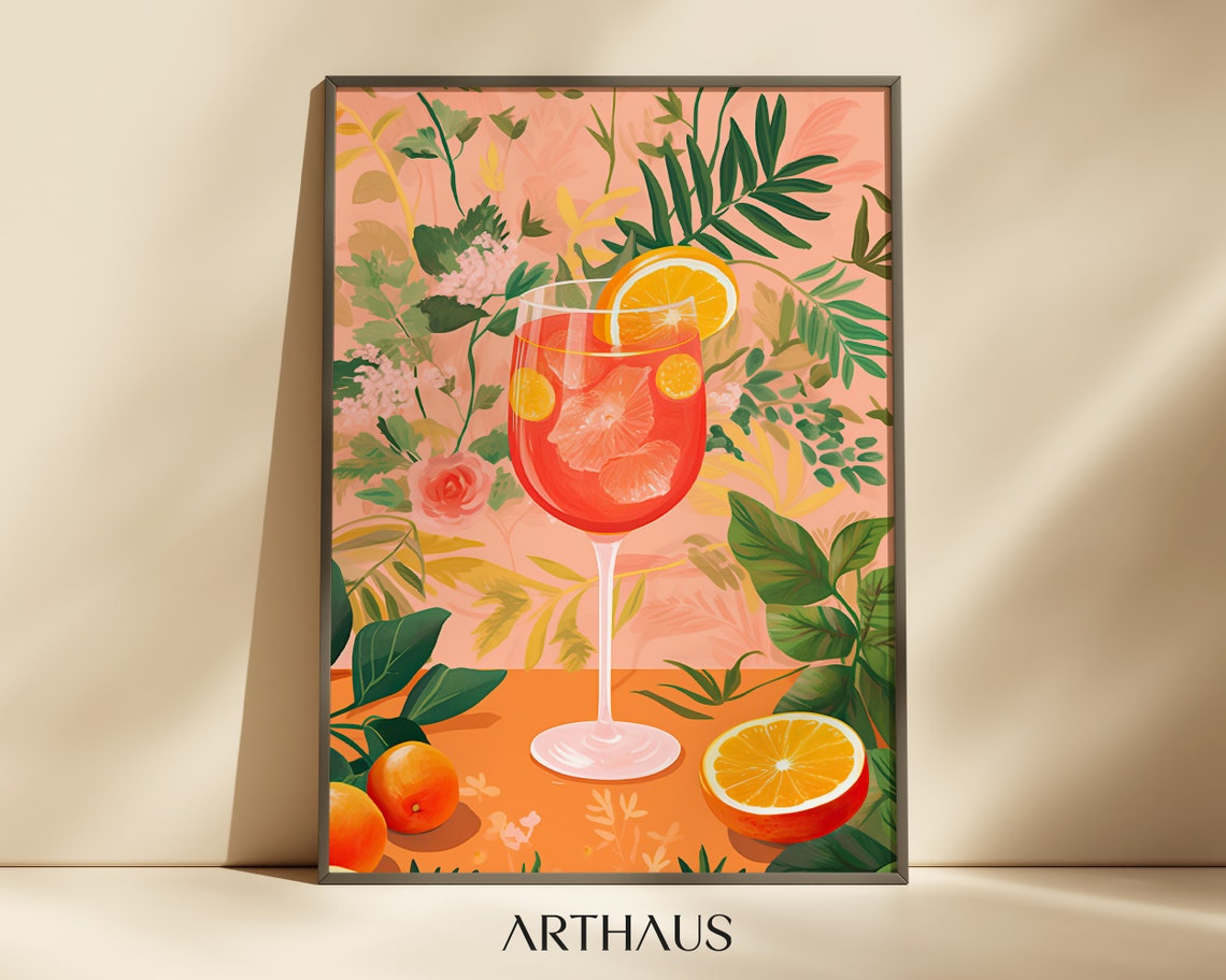 Aperol Spritz Cocktail Botanical Citrus Summer Drink Art Poster