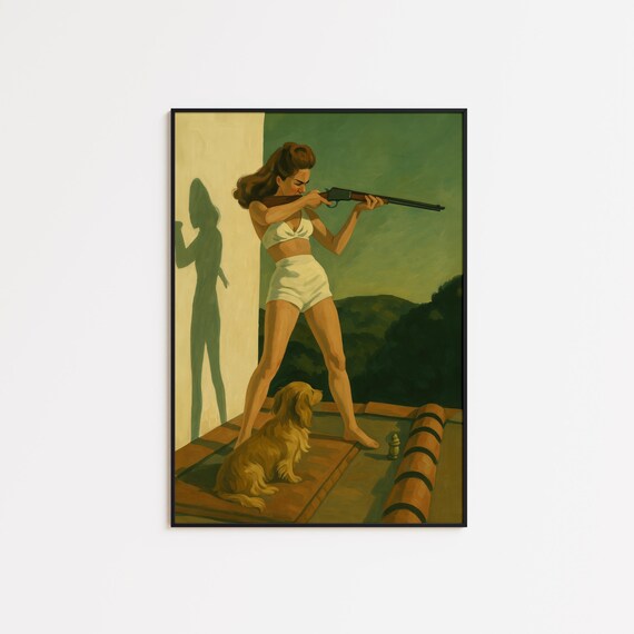Retro Woman With Rifle Poster Feminine Power Wall Art In Green Tones
