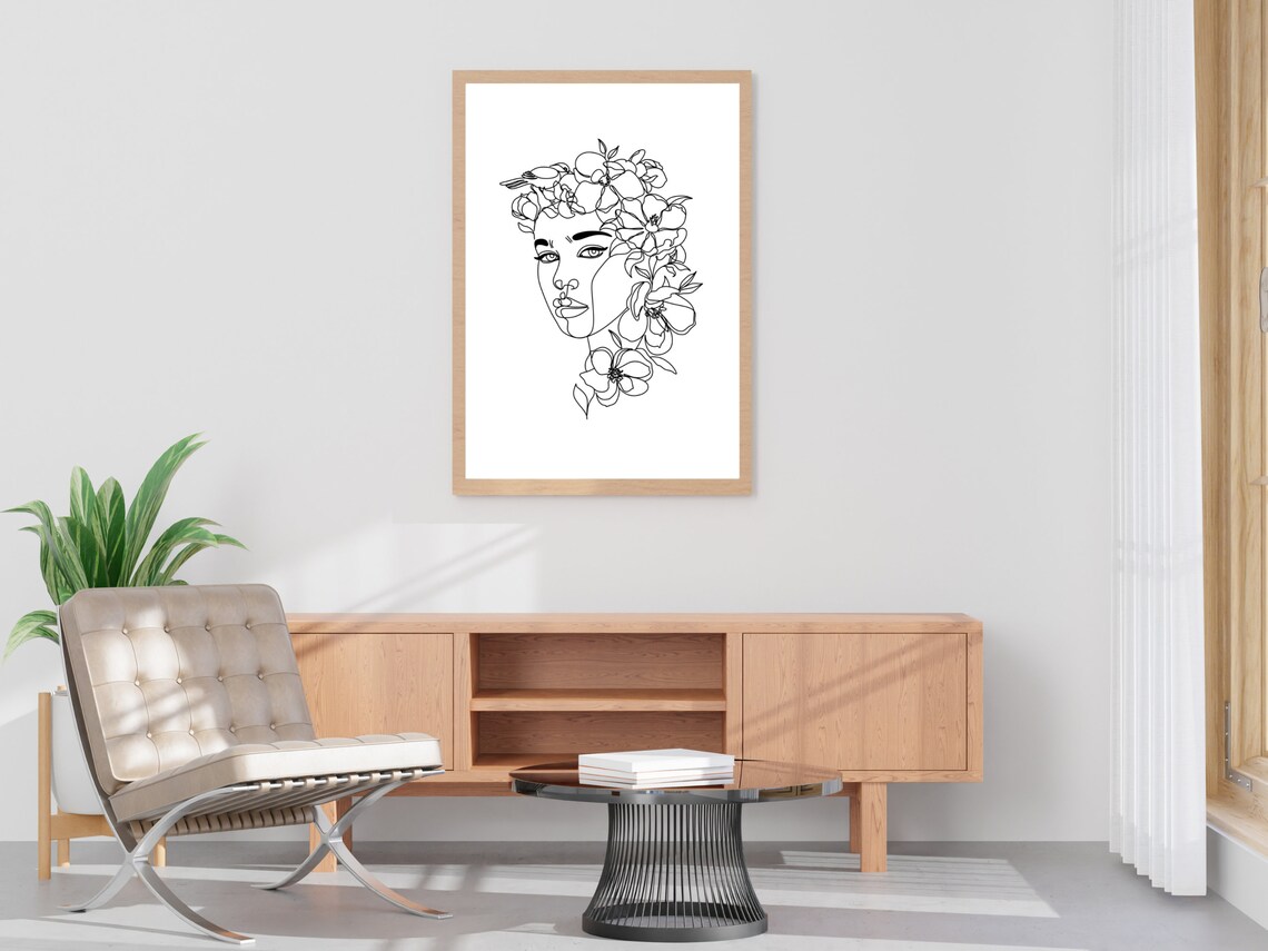 Graceful Woman Face With Blooming Flower Crown Line Art Poster - Image 4
