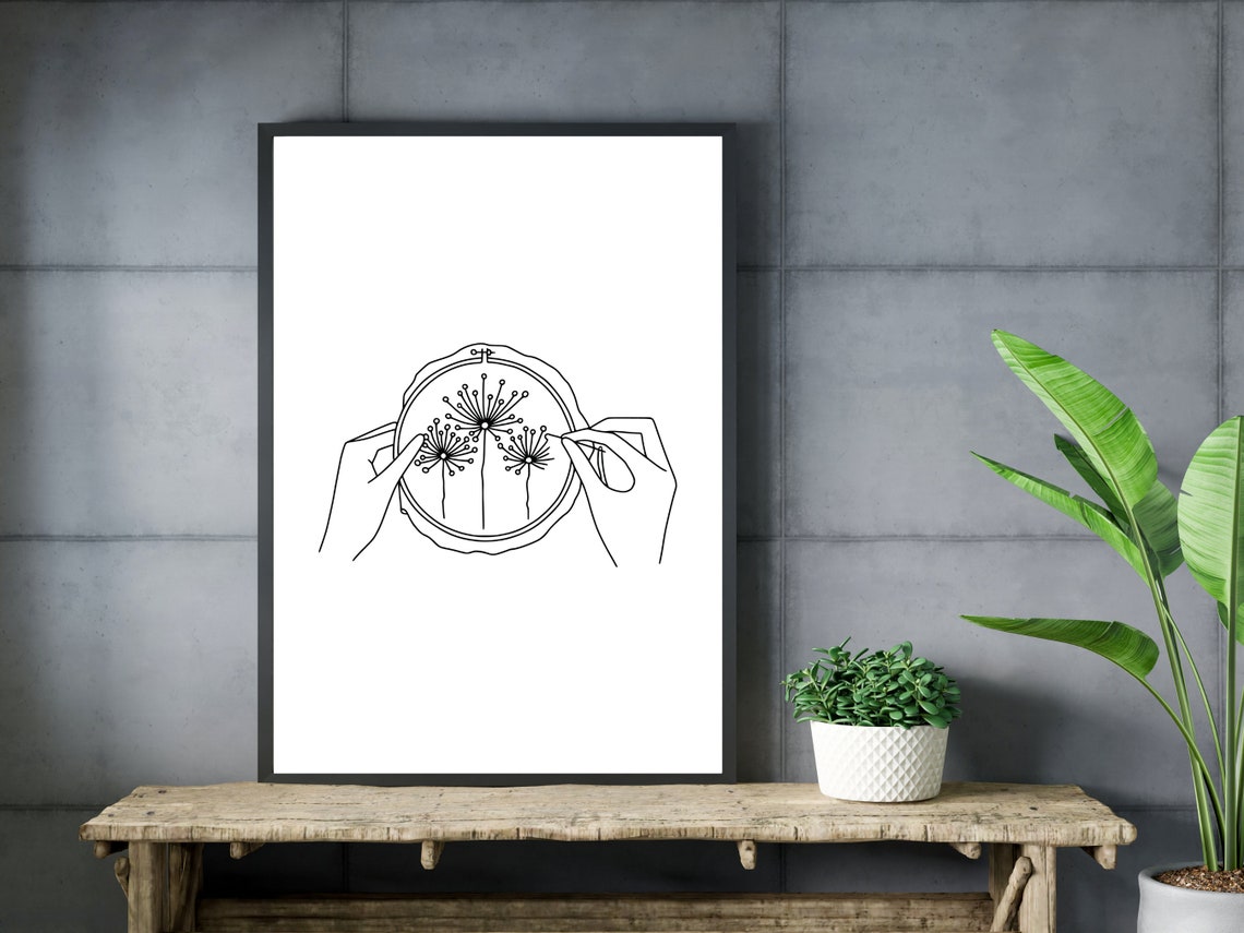 Hands Holding Embroidered Dandelion Hoop Minimalist Line Art Poster - Image 3