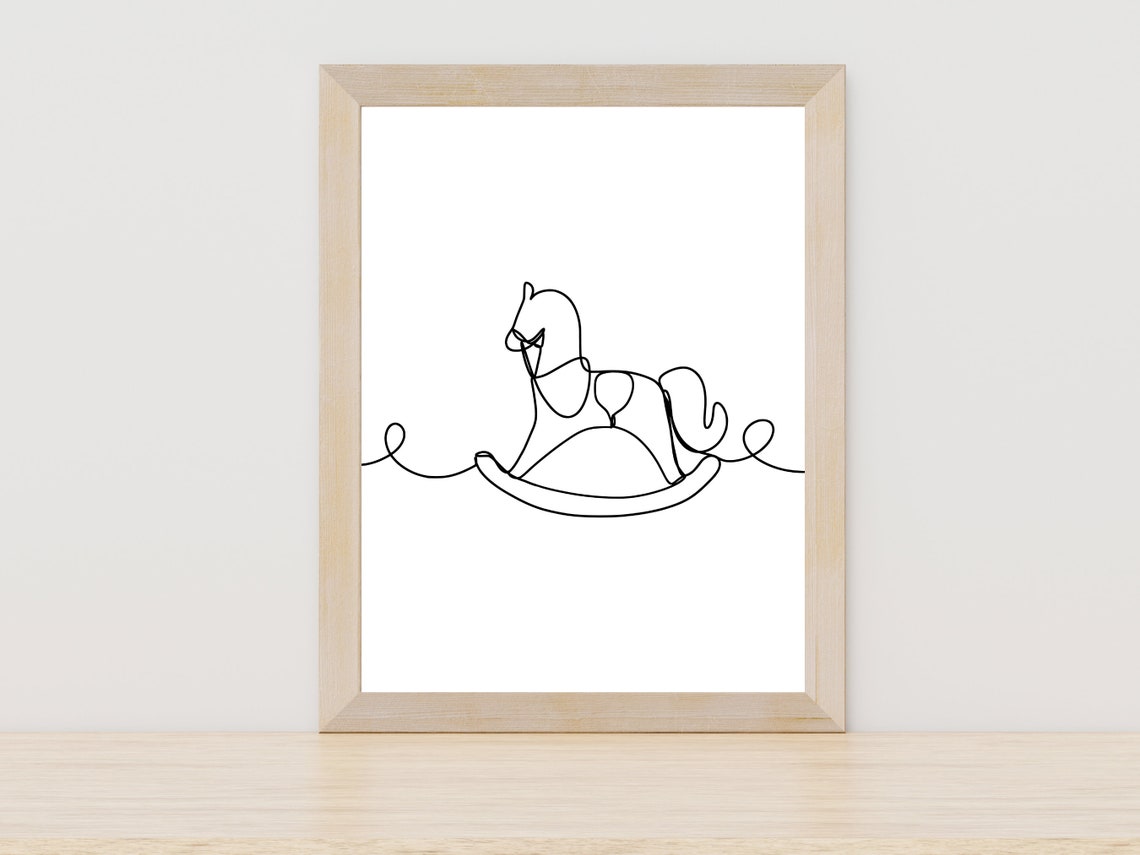 Rocking Horse Continuous Line Drawing Classic Nursery Wall Poster