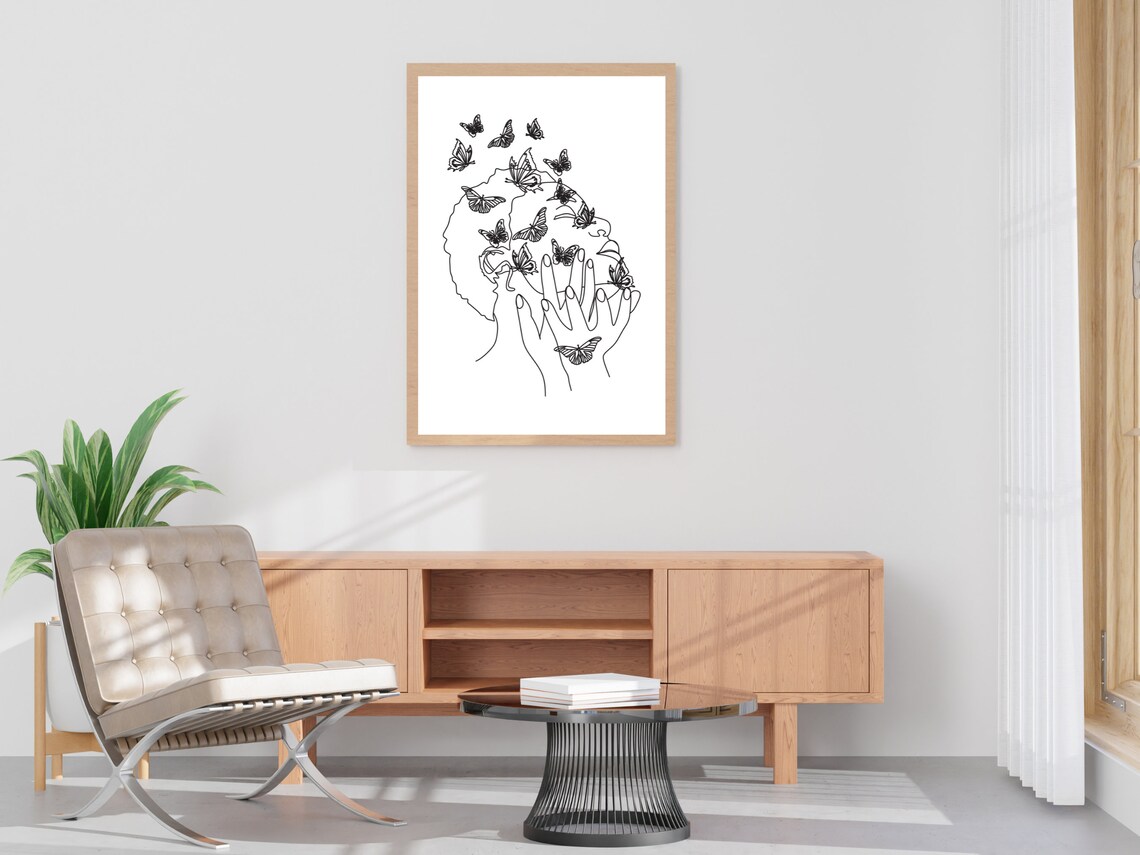 Beautiful Woman With Butterflies Minimalist Line Drawing Print - Image 4