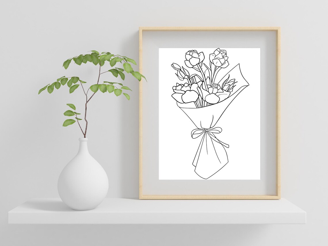 Minimalist Flower Bouquet Line Art Drawing Black White Poster - Image 2