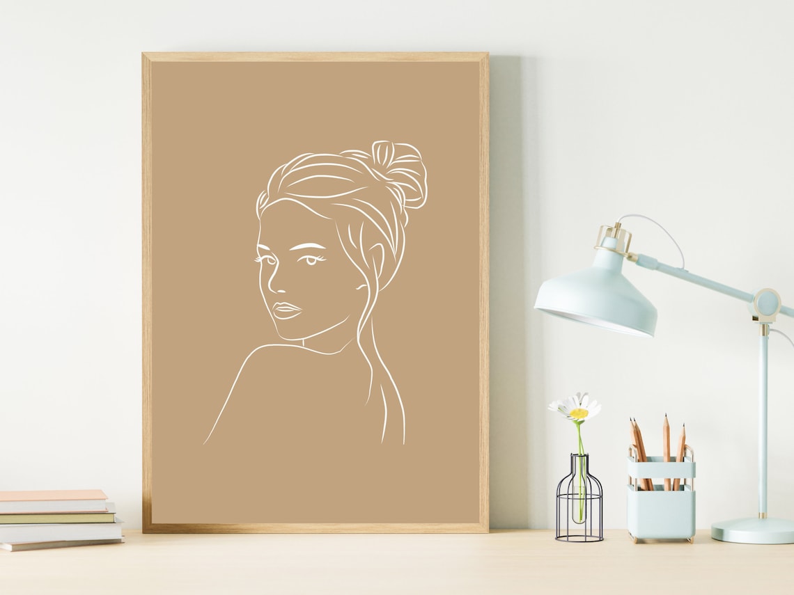 Elegant Woman Portrait Line Art on Warm Tan Background Poster - Image 2
