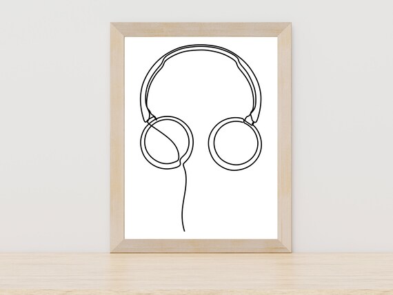 Over Ear Headphones Front One Line Art Music Room Wall Decor Poster