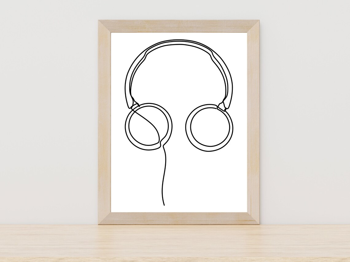 Over Ear Headphones Front One Line Art Music Room Wall Decor Poster