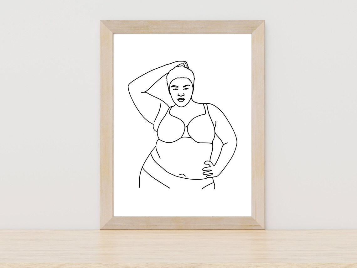 Curvy Woman Hand On Head Pose Line Art Body Positive Beauty Poster