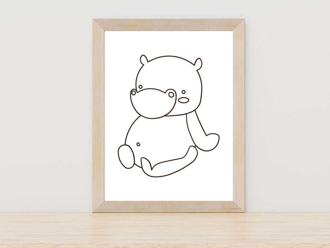 Cute Baby Hippo Line Art Safari Nursery Animal Drawing Poster
