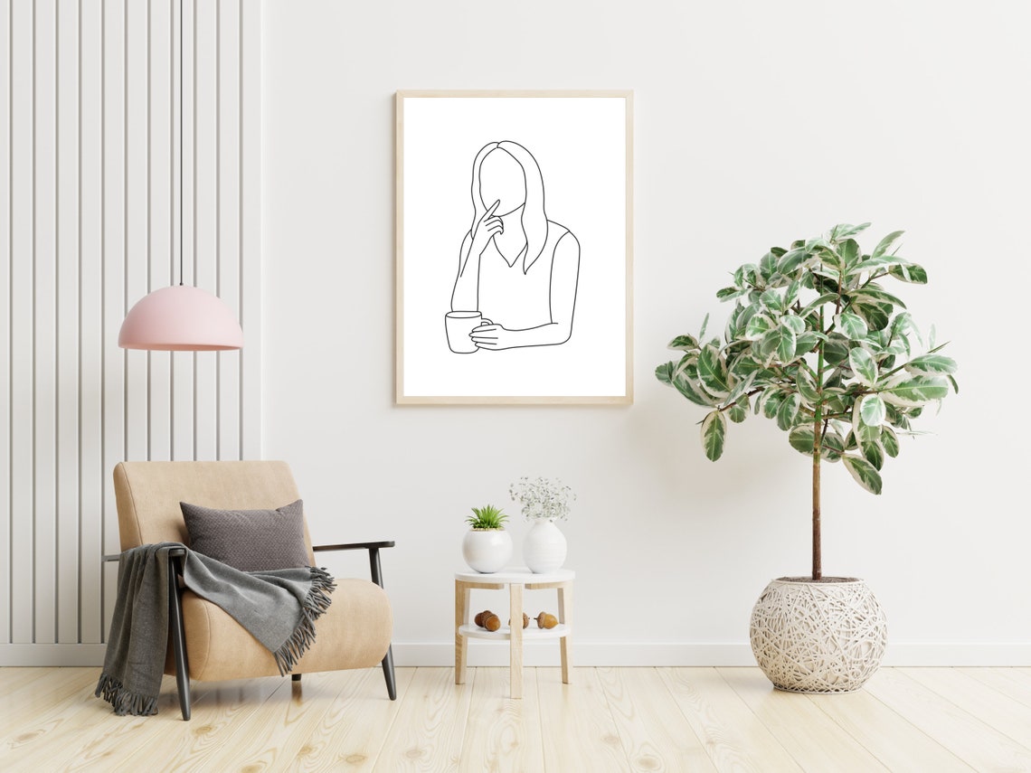 Woman Holding Coffee Mug Quiet Thoughtful Morning Line Art Poster - Image 3