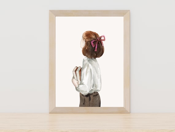 Watercolor Girl With Books Pink Bow Back View Nursery Art Poster