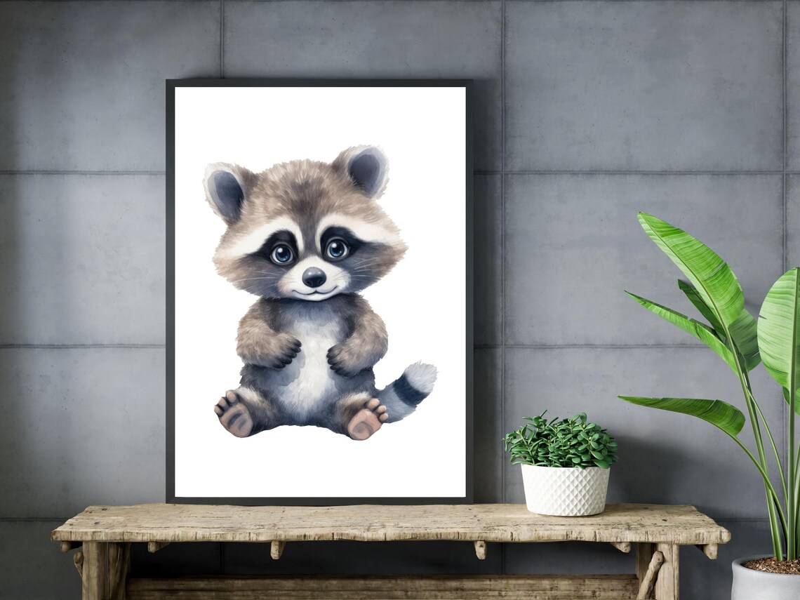 Cute Baby Raccoon Watercolor Painting Woodland Animal Wall Art - Image 3