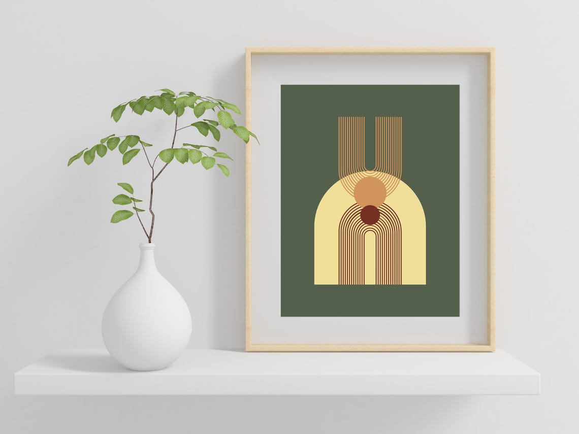Mid Century Modern Arch Abstract Art Sage Green Mustard Wall Art - Image 2