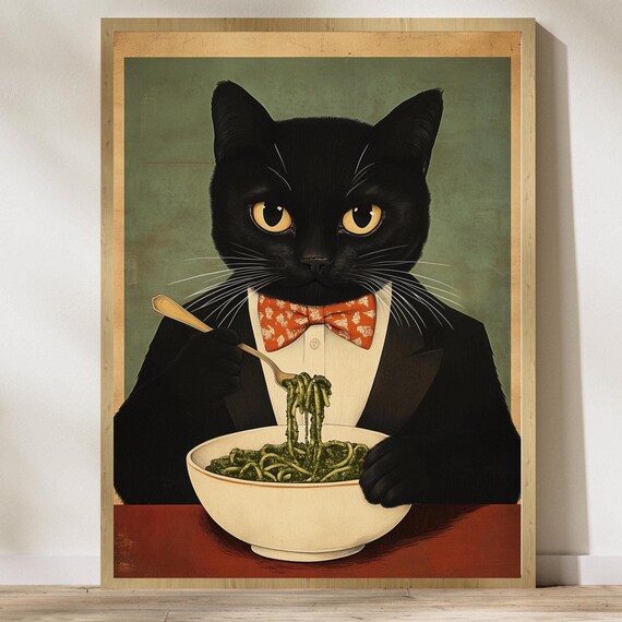 Dapper Black Cat in Tuxedo Eating Spaghetti Quirky Vintage Poster