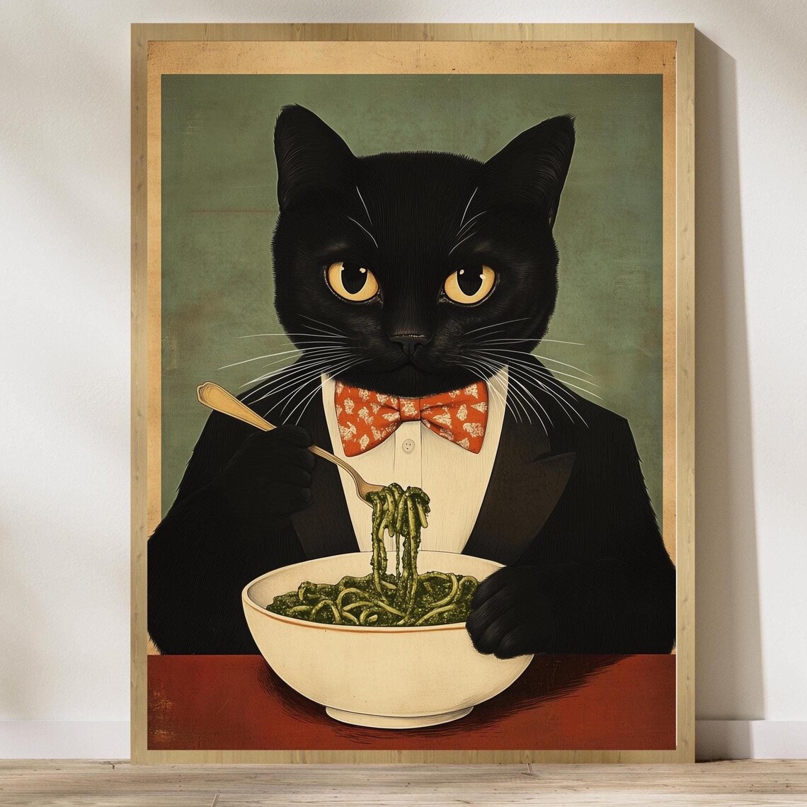 Dapper Black Cat in Tuxedo Eating Spaghetti Quirky Vintage Poster