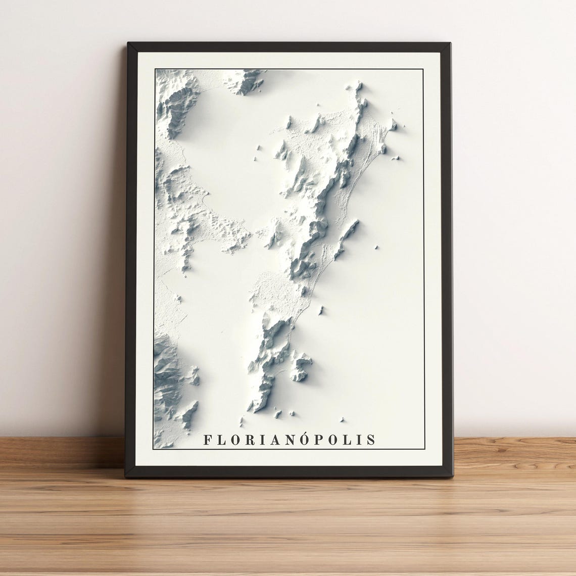 Modern Florianopolis White Monochrome Terrain Relief Map Wall Art - Image 3
