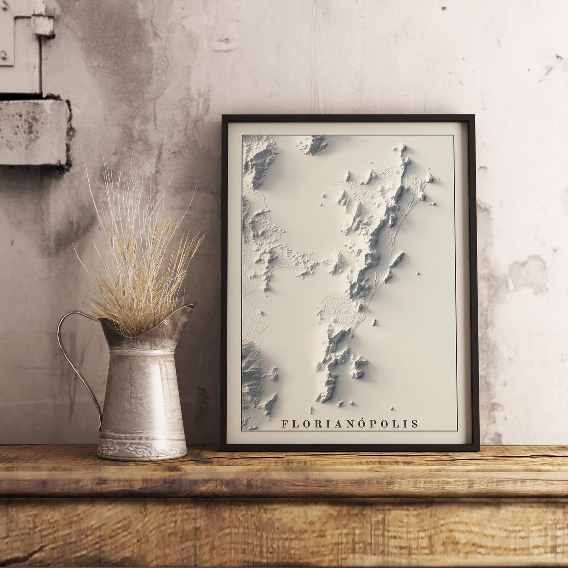 Modern Florianopolis White Monochrome Terrain Relief Map Wall Art - Image 2