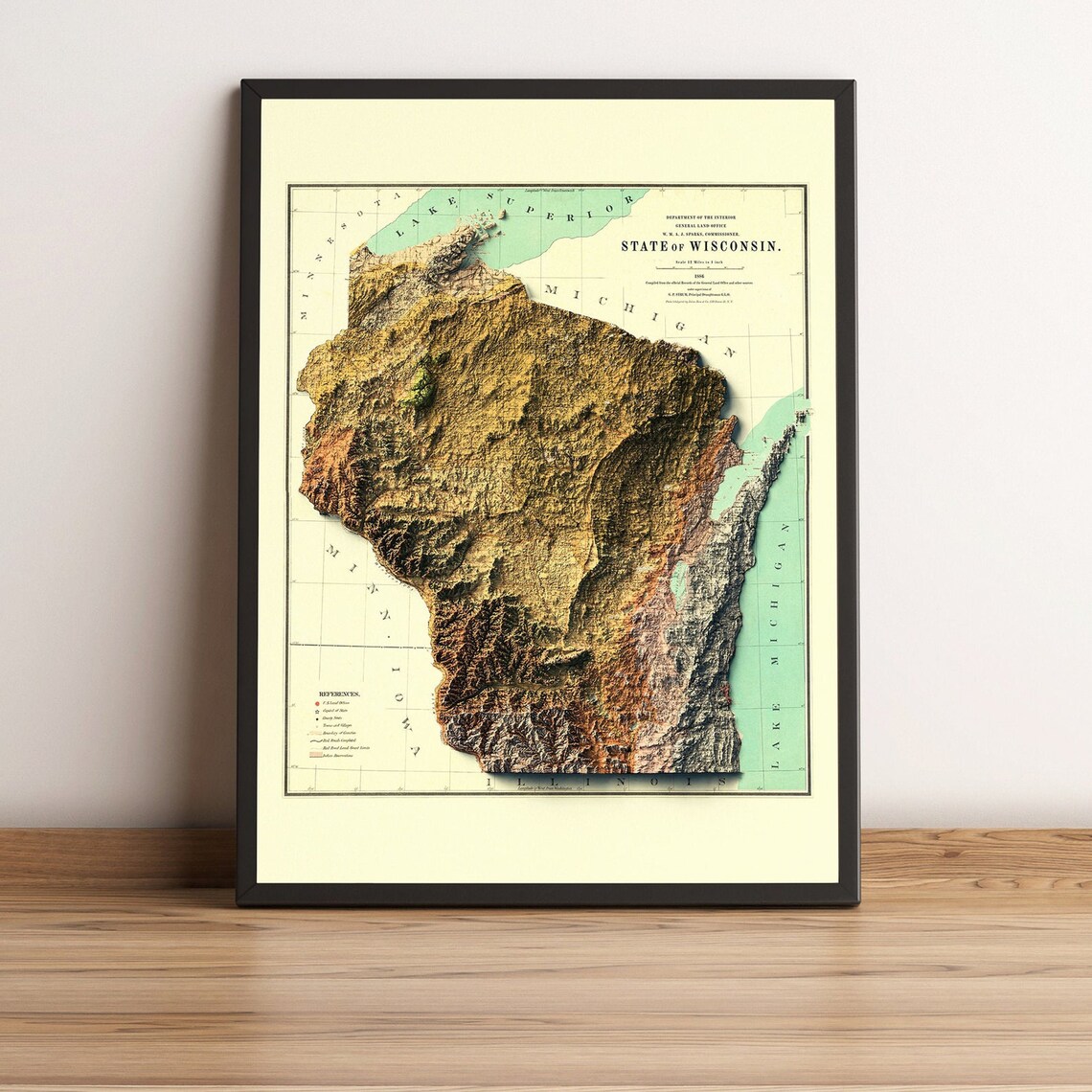 Wisconsin 1886 Antique Relief Map State Brown Terrain Poster - Image 3