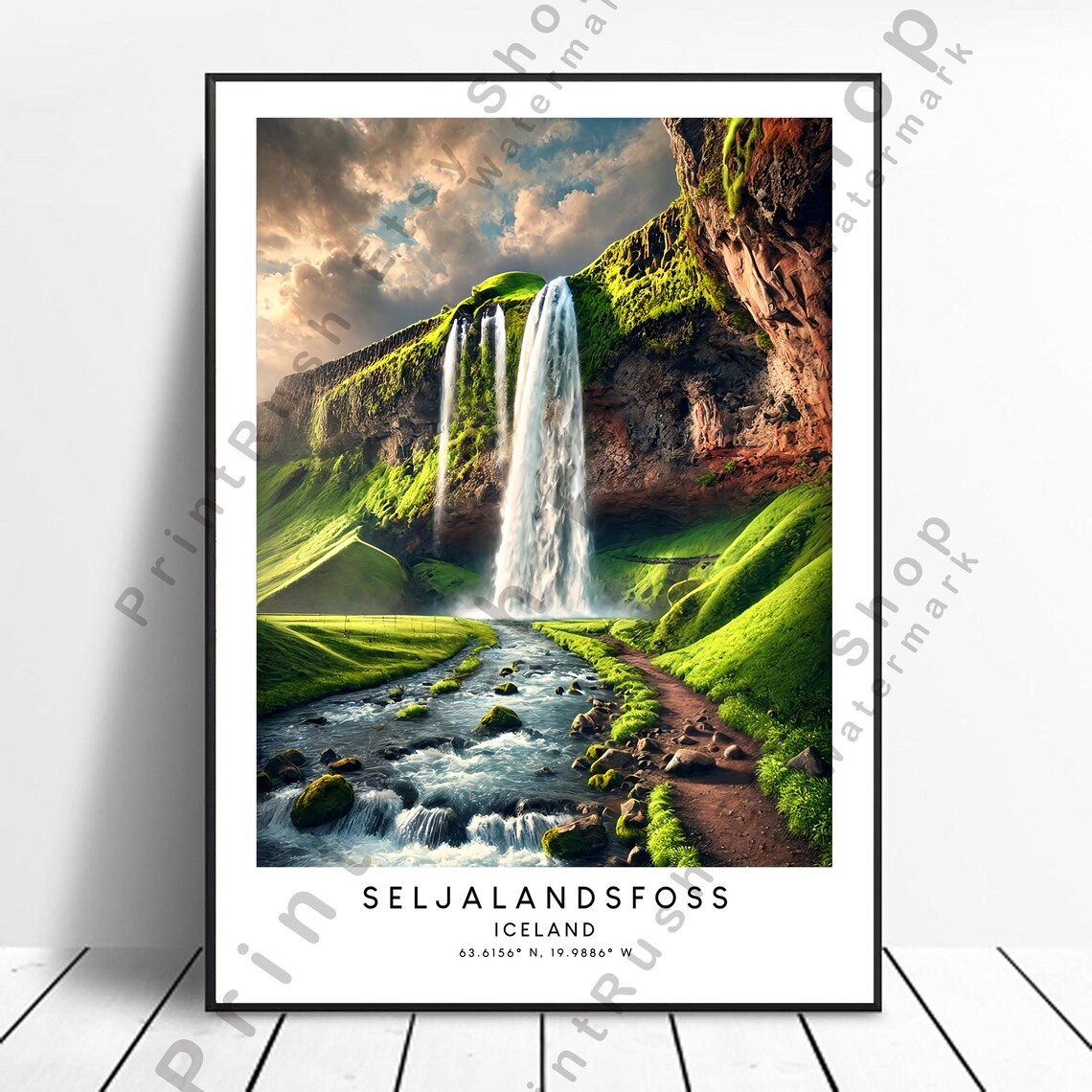Seljalandsfoss Waterfall Iceland Lush Green Cliffs Photo Travel Poster