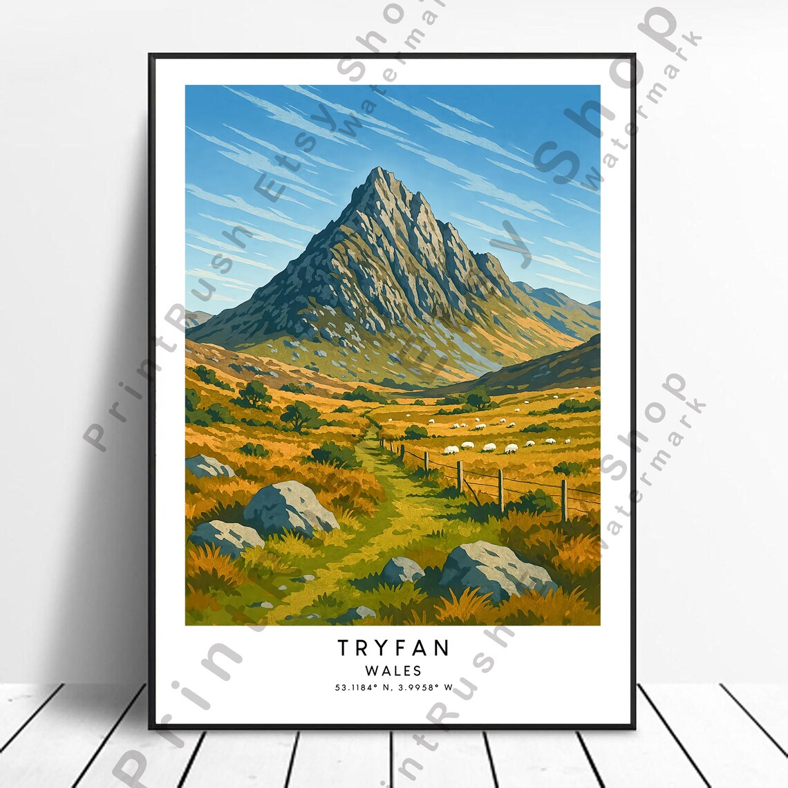 Tryfan Wales Jagged Peak Golden Moorland Sheep Mountain Travel Poster