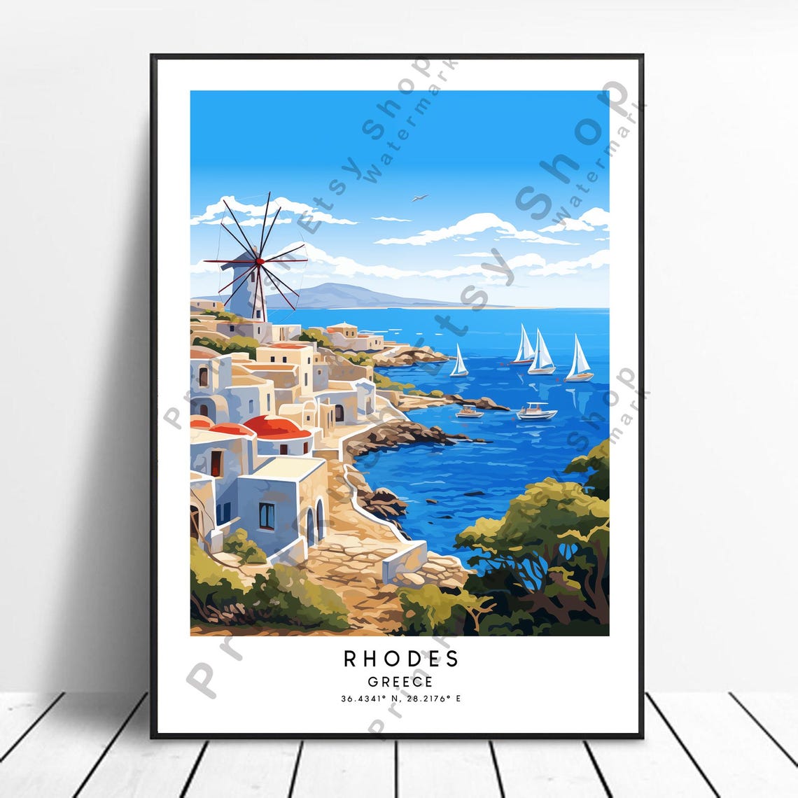 Rhodes Greece Windmill Coast Sailboats Colorful Travel Poster