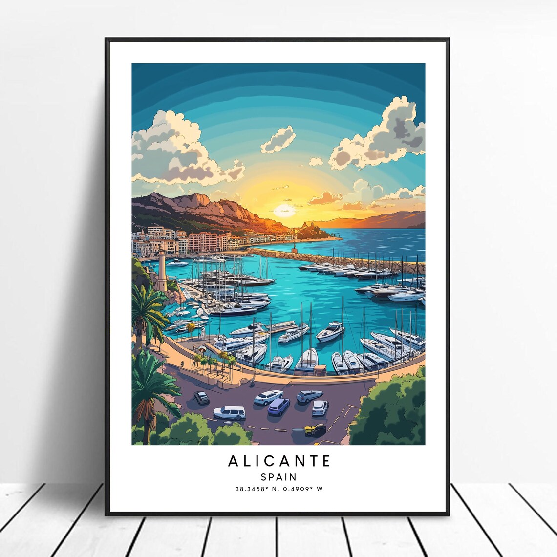 Alicante Spain Marina Sunset Boats Mountainside Retro Travel Poster