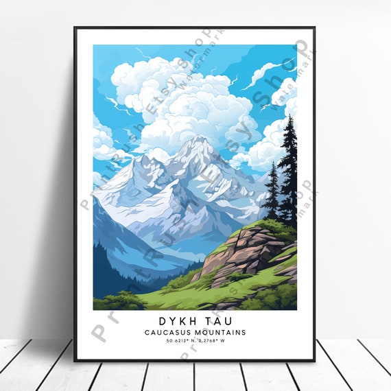 Dykh Tau Mountain Print Dykhtau Poster Wall Art Colourful Home Dcor Illustration Caucasus Mountains